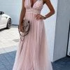 Levency New In Lace Mesh Bow Backless Slip Maxi Dress