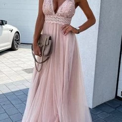 Levency New In Lace Mesh Bow Backless Slip Maxi Dress