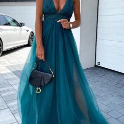 Levency New In Lace Mesh Bow Backless Slip Maxi Dress