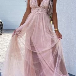 Levency New In Lace Mesh Bow Backless Slip Maxi Dress