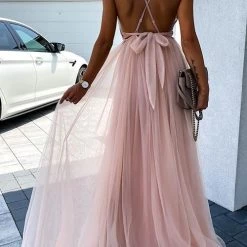 Levency New In Lace Mesh Bow Backless Slip Maxi Dress