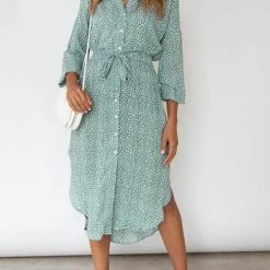 Levency New In Floral Button Bleted Long Shirt Dress