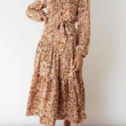 Levency New In Print Belted Long Sleeve Maxi Dress