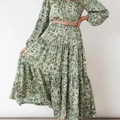 Levency New In Print Belted Long Sleeve Maxi Dress