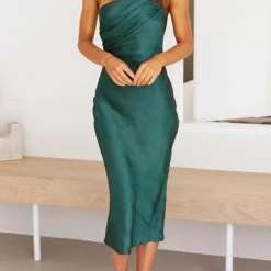 Levency Ruched One Shoulder Slip Midi Dress
