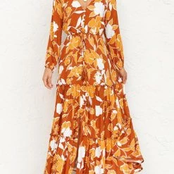 Levency Print Button Tiered Long Sleeve Maxi Dress New In
