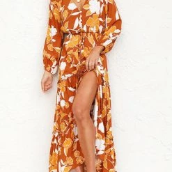 Levency Print Button Tiered Long Sleeve Maxi Dress New In