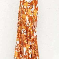 Levency Print Button Tiered Long Sleeve Maxi Dress New In