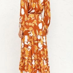 Levency Print Button Tiered Long Sleeve Maxi Dress New In