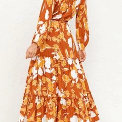 Levency Print Button Tiered Long Sleeve Maxi Dress New In