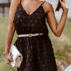 Levency Layered Fringe Trim Slip Mini Dress New In