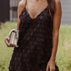 Levency Layered Fringe Trim Slip Mini Dress New In