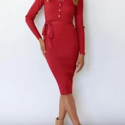 Levency Button Knit Bleted Long Sleeve Slim Dress New In