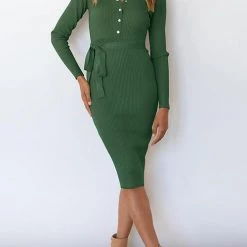 Levency Button Knit Bleted Long Sleeve Slim Dress New In