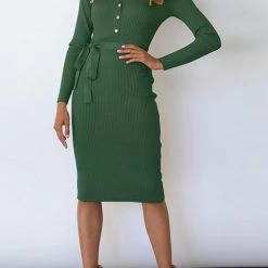 Levency Button Knit Bleted Long Sleeve Slim Dress New In