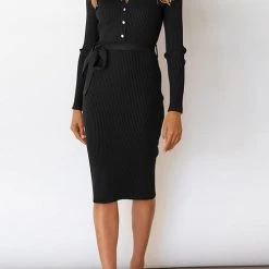 Levency Button Knit Bleted Long Sleeve Slim Dress New In