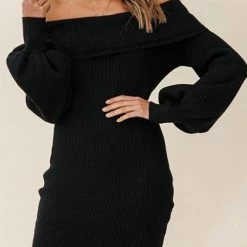 Levency Off Shoulder Balloon Sleeve Knit Dress New In