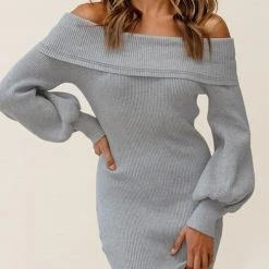Levency Off Shoulder Balloon Sleeve Knit Dress New In