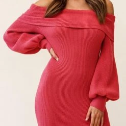 Levency Off Shoulder Balloon Sleeve Knit Dress New In