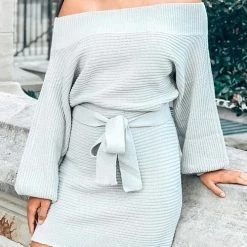 Levency Off Shoulder Balloon Sleeve Knit Dress New In