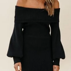 Levency Off Shoulder Balloon Sleeve Knit Dress New In