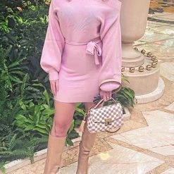 Levency Off Shoulder Balloon Sleeve Knit Dress New In