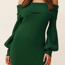 Levency Off Shoulder Balloon Sleeve Knit Dress New In