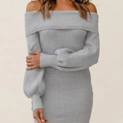 Levency Off Shoulder Balloon Sleeve Knit Dress New In