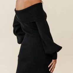 Levency Off Shoulder Balloon Sleeve Knit Dress New In