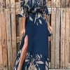 Levency Leaf Button Off Shoulder Slit Maxi Dress