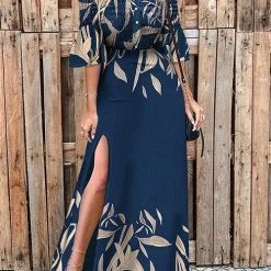 Levency Leaf Button Off Shoulder Slit Maxi Dress