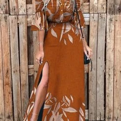 Levency Leaf Button Off Shoulder Slit Maxi Dress