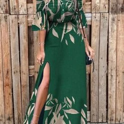 Levency Leaf Button Off Shoulder Slit Maxi Dress