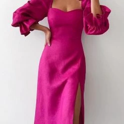 Levency Rose Square Neck Slit Midi Dress
