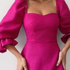 Levency Rose Square Neck Slit Midi Dress