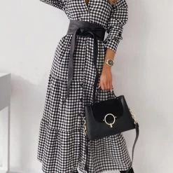 Levency New In Pliad Button Ruffles Long Sleeve Maxi Dress