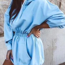 Levency New In Zipper Drawstring Hooded Mini Dress