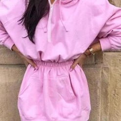 Levency New In Zipper Drawstring Hooded Mini Dress