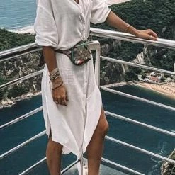 Levency New In Solid Button Long Sleeve Shirt Dress