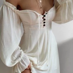 Levency Button Off Shoulder Long Sleeve Mini Dress