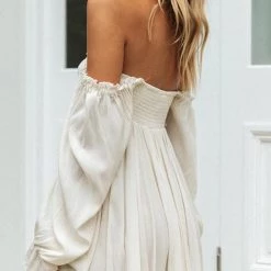 Levency Button Off Shoulder Long Sleeve Mini Dress