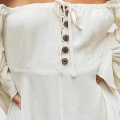 Levency Button Off Shoulder Long Sleeve Mini Dress