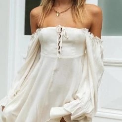 Levency Button Off Shoulder Long Sleeve Mini Dress