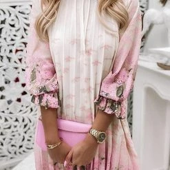 Levency New In Floral Print Ruffle Trim Pleated Dress