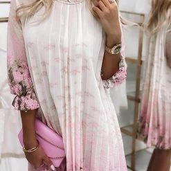 Levency New In Floral Print Ruffle Trim Pleated Dress