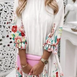 Levency New In Floral Print Ruffle Trim Pleated Dress