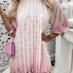 Levency New In Floral Print Ruffle Trim Pleated Dress