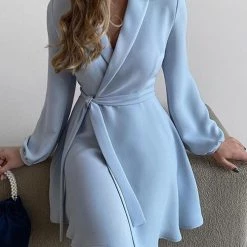 Levency New In Surplice Neck Long SleeveWrap Mini Dress