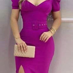 Levency Split Short Puff Sleeve Midi Dress New In