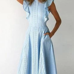 Levency Gathered Waist O Neck Cotton Skater Dress